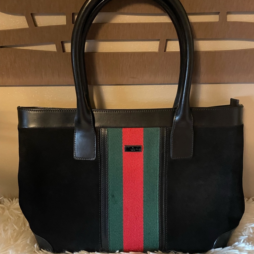 - Vintage Gucci Sherry Black Suede Web Tote Handbag
